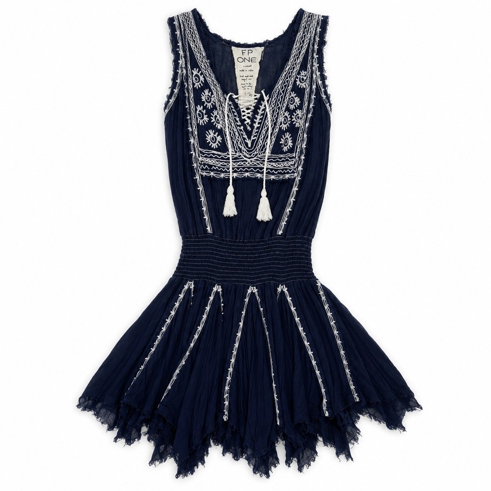 FP One Free People XS Navy Embroidered Cotton Boho Mini Dress Smocked Tassel